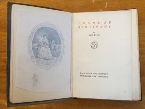 Title page and frontispiece of "Poems of Sentiment," Paul Elder & Company, 1904. The tomoye design is much simpler than the 1902 version.