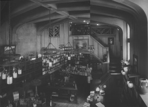 The main book room (two different photos stitched together)