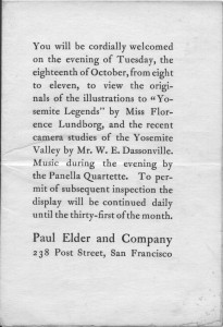 Invitation to the opening of Florence Lundborg's original artwork for "Yosemite Legends," 18 Oct 1904