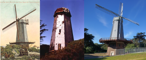 The Murphy Windmill: (left) shortly after construction in 1909, (center) derelict in 1999, (right) restored in 2014. Photo at right by Allie Caulfield.