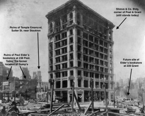 Burned out shell of the Shreve Building at Post & Grant, shortly after the 1906 earthquake and fire (the building was restored and still stands). Ruins of Elder’s bookstore at far left.
